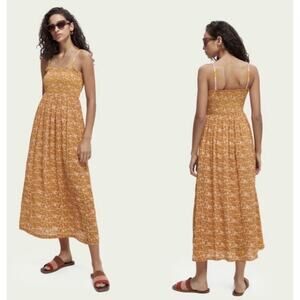 Scotch & Soda Smocked Seersucker Beach Midi Dress XS Pink Orange Bohemian